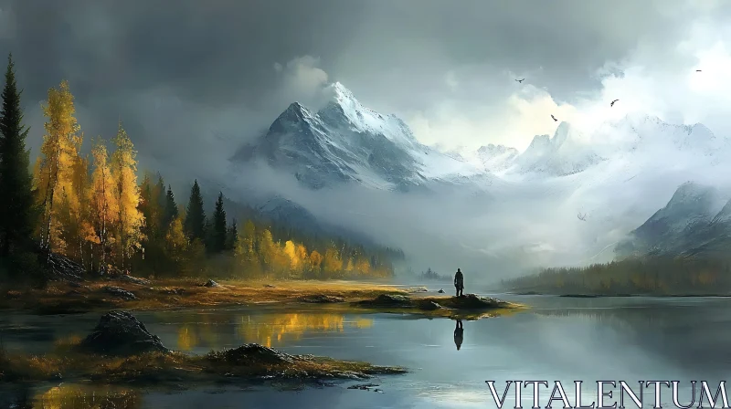 Misty Peaks and Still Waters AI Image