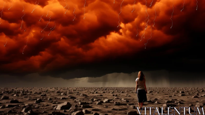 Apocalyptic Landscape with Woman Standing under Orange Storm Cloud AI Image