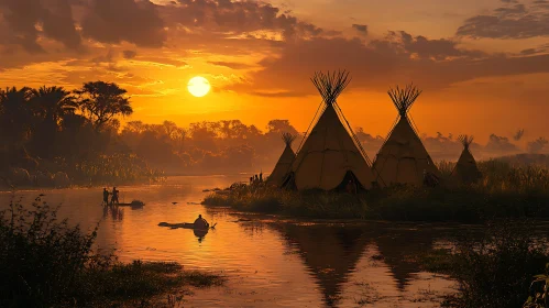 Tranquil Sunset Riverbank Tipi Scene