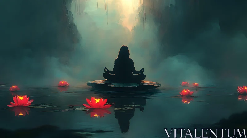 Meditative Silhouette on Water Lilies AI Image