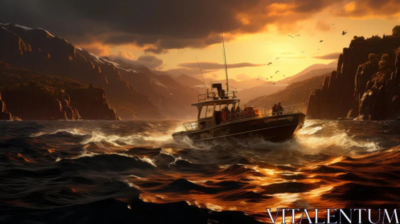 Boat in Choppy Ocean - Capturing the Beauty of Norwegian Nature AI Image