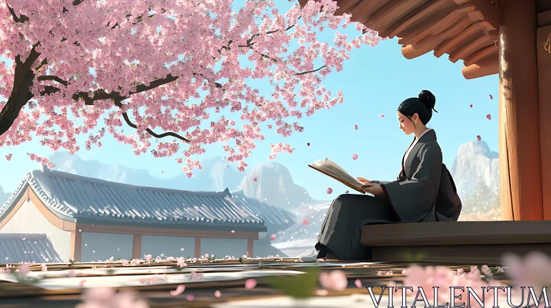 Woman Reading Under Cherry Blossoms AI Image