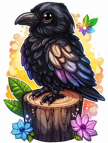 POD Design Cartoon-Style Black Crow Illustration on Transparent Background