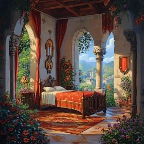 Floral Bedroom with Distant Castle