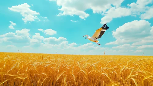 Stork in Flight Above Golden Field