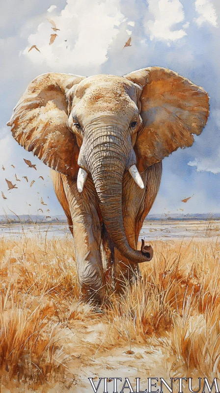 Elephant Among Golden Grasses AI Image