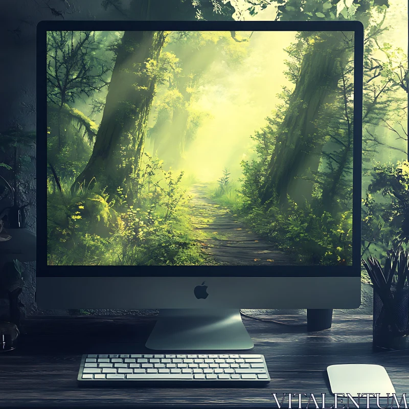 Forest Path Display on a Computer Screen AI Image