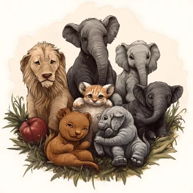 Whimsical Baby Animals Sitting Together - Illustrated Art