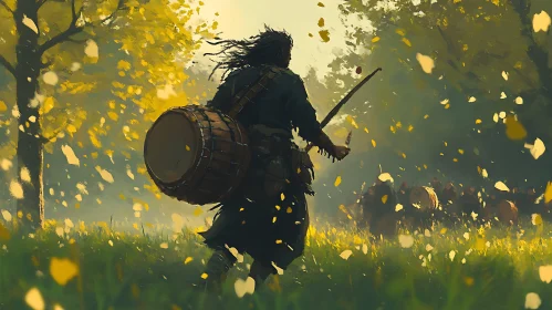 Man with drum in forest