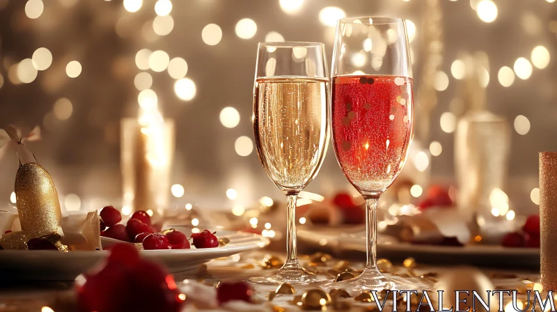 AI ART Golden and Red Champagne Flutes with Bokeh