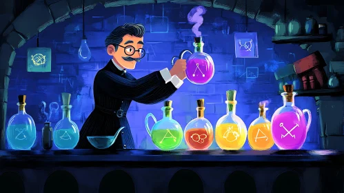 Cartoon Man Mixing Potions