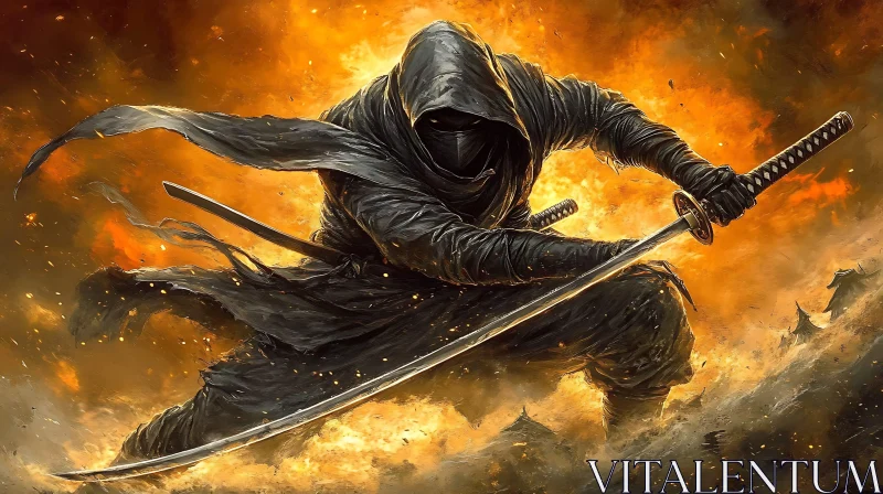 AI ART Hooded Warrior in Fiery Battle Stance