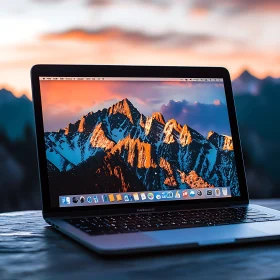 Laptop Displaying Mountain Sunset Outdoors