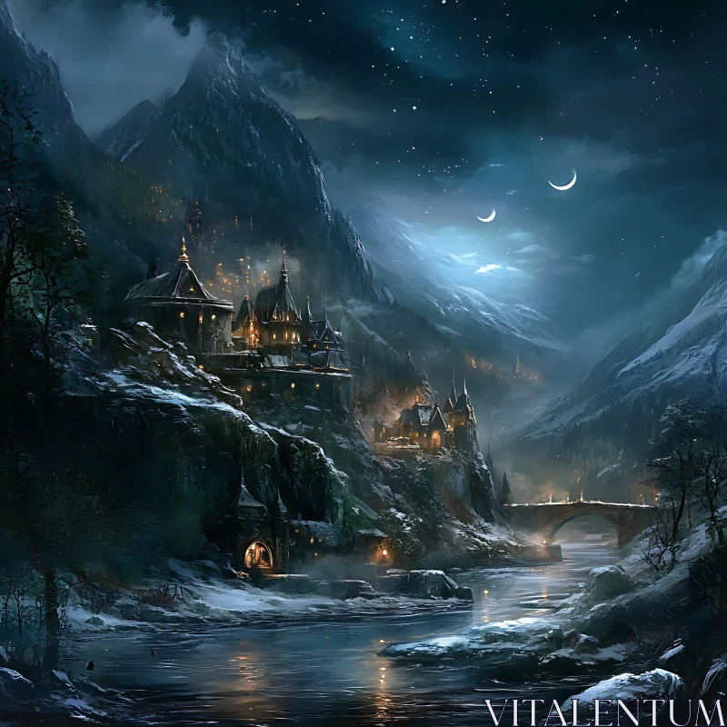 Snowy Peaks with Castle Near River AI Image