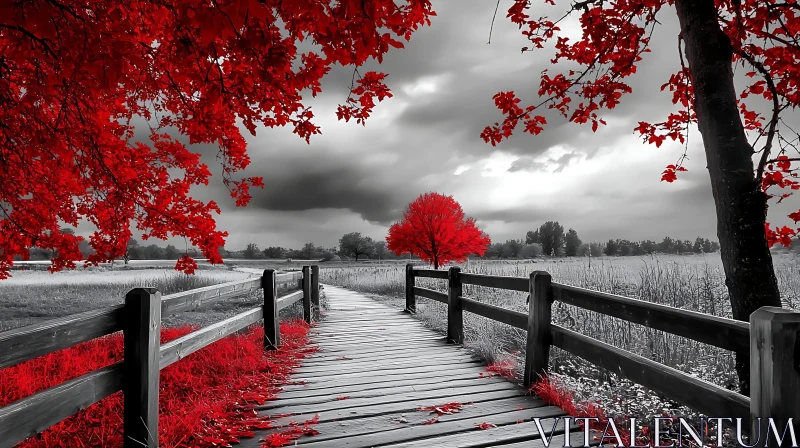 Contrasting Red and Monochrome Forest Scene AI Image