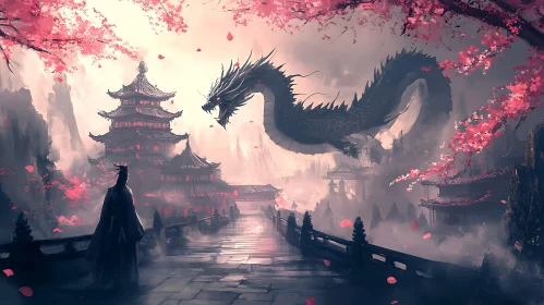 Serene Asian Vista with Mythical Dragon