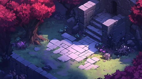 Isometric Fantasy Ruins with Pink Trees