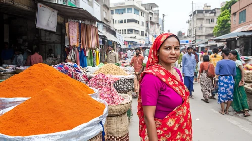 Woman in Sari at a Crowded Market