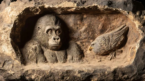 Stone Relief: Gorilla and Bird