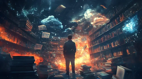 Cosmic Library with Floating Books