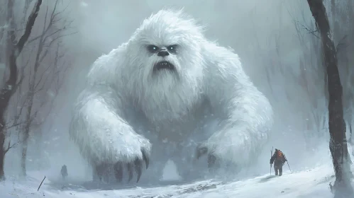 Giant White Yeti in Snowy Landscape