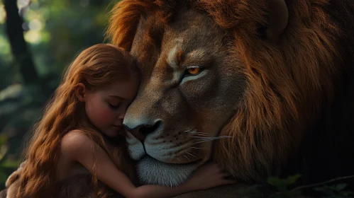 Gentle Embrace: Girl and Lion