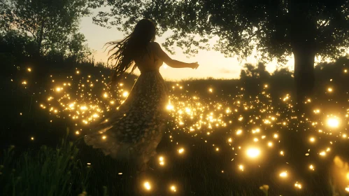 Golden Hour Serenity: Woman and Fireflies