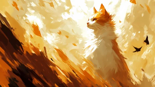 Regal Cat with Birds in Artistic Setting