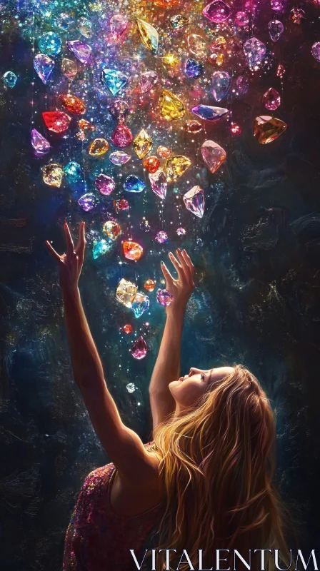 AI ART Crystalline Dream: Woman and Falling Gems