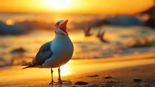 Golden Hour Seagull Beach Scene