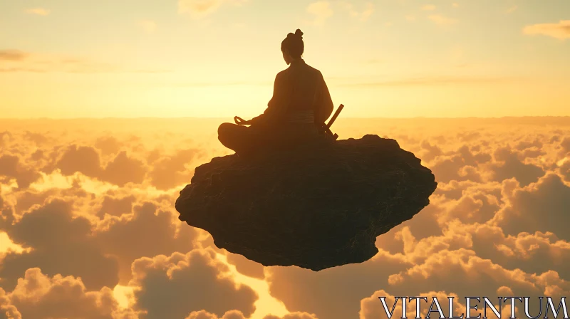 AI ART Silhouette of Meditating Person on Floating Rock