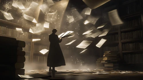 Enchanting Library Scene with Flying Papers