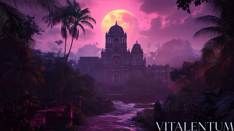 Tropical Temple Under Moonlight AI Image