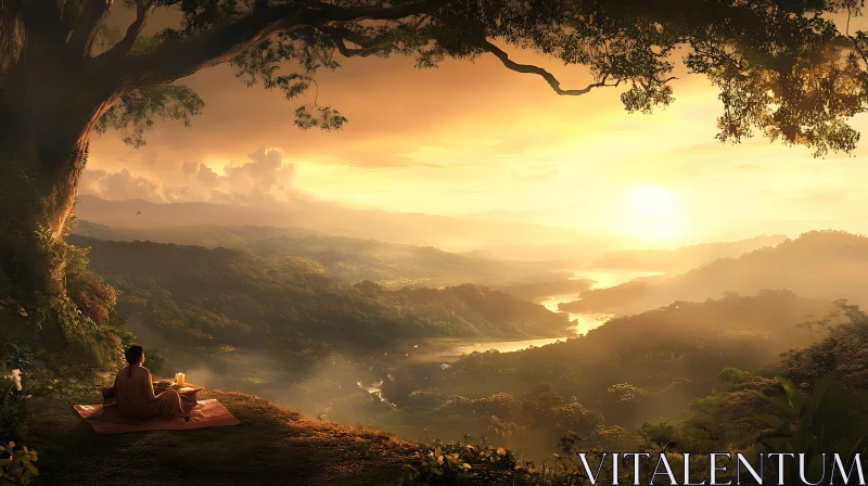 Meditative Sunset Mountain View AI Image