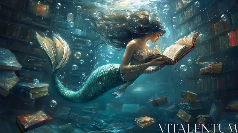 AI ART Aquatic Reader: Mermaid in Submerged Library