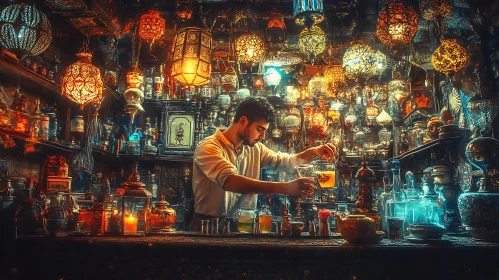 Man Mixing Drinks in Atmospheric Bar