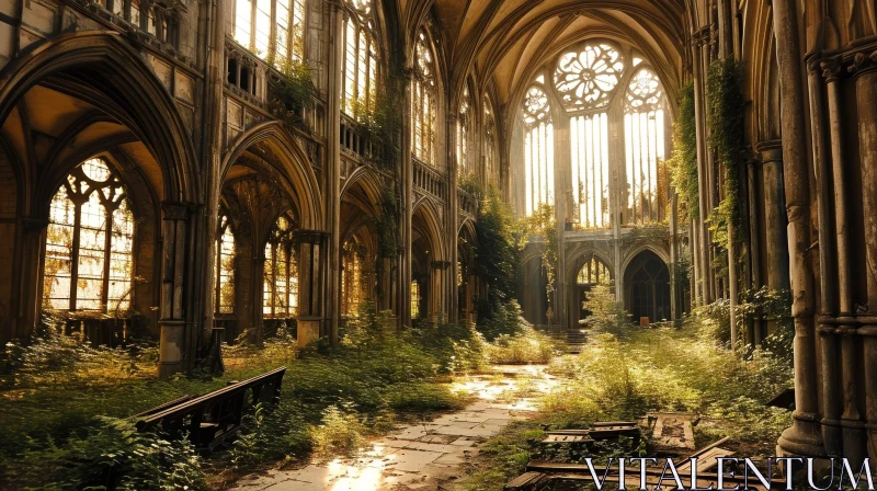 Eerie Post-Apocalyptic Ruined Church - Nature Reclaiming AI Image