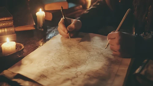 Antique Map and Candlelight Study