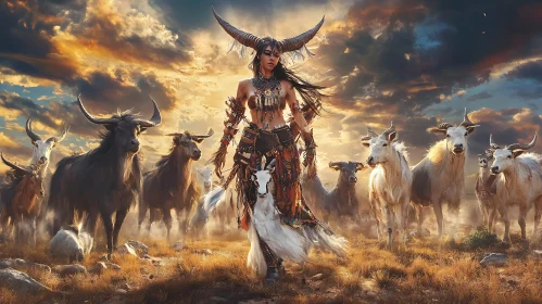 Mystical Woman with Horns in Field