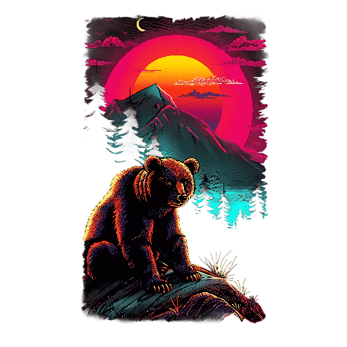 POD Design Retro 80s Digital Painting of a Bear in a Forest at Sunset