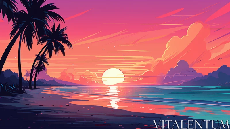 Serene Beach Sunset with Palm Trees - 2D Game Art Illustration AI Image
