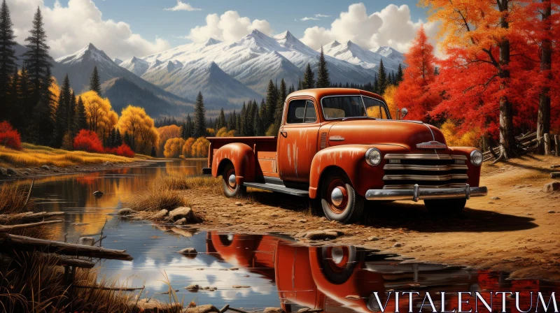 Vintage Truck in Autumn Landscape - Tranquil and Detailed Artwork AI Image
