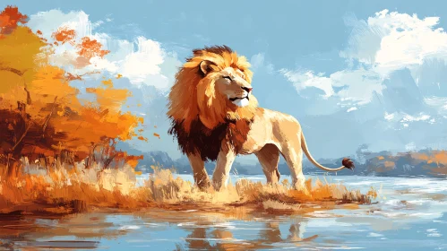 Lion in Autumn Wilderness