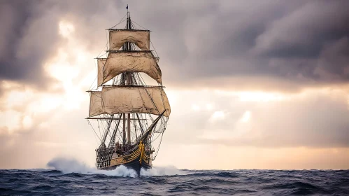 Old ship sailing in the sea