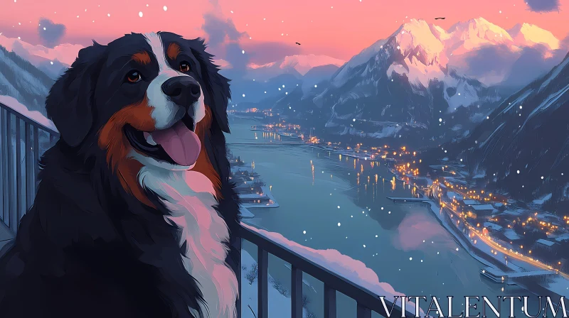 AI ART Snowy Landscape with Serene Dog and Sunset