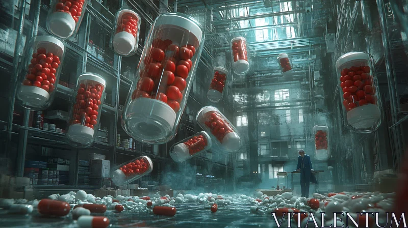AI ART Giant Pills Floating in Warehouse