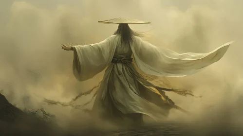 Enigmatic Figure in Misty Landscape