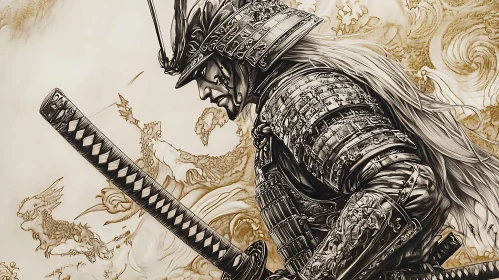 Stoic Samurai with Sword and Dragon