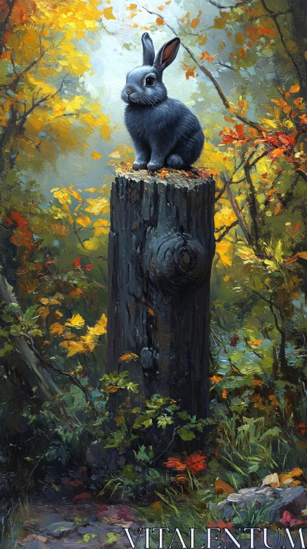 Rabbit on Tree Stump in Forest AI Image