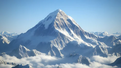 Sunlit Mountain Range with Snow and Clouds